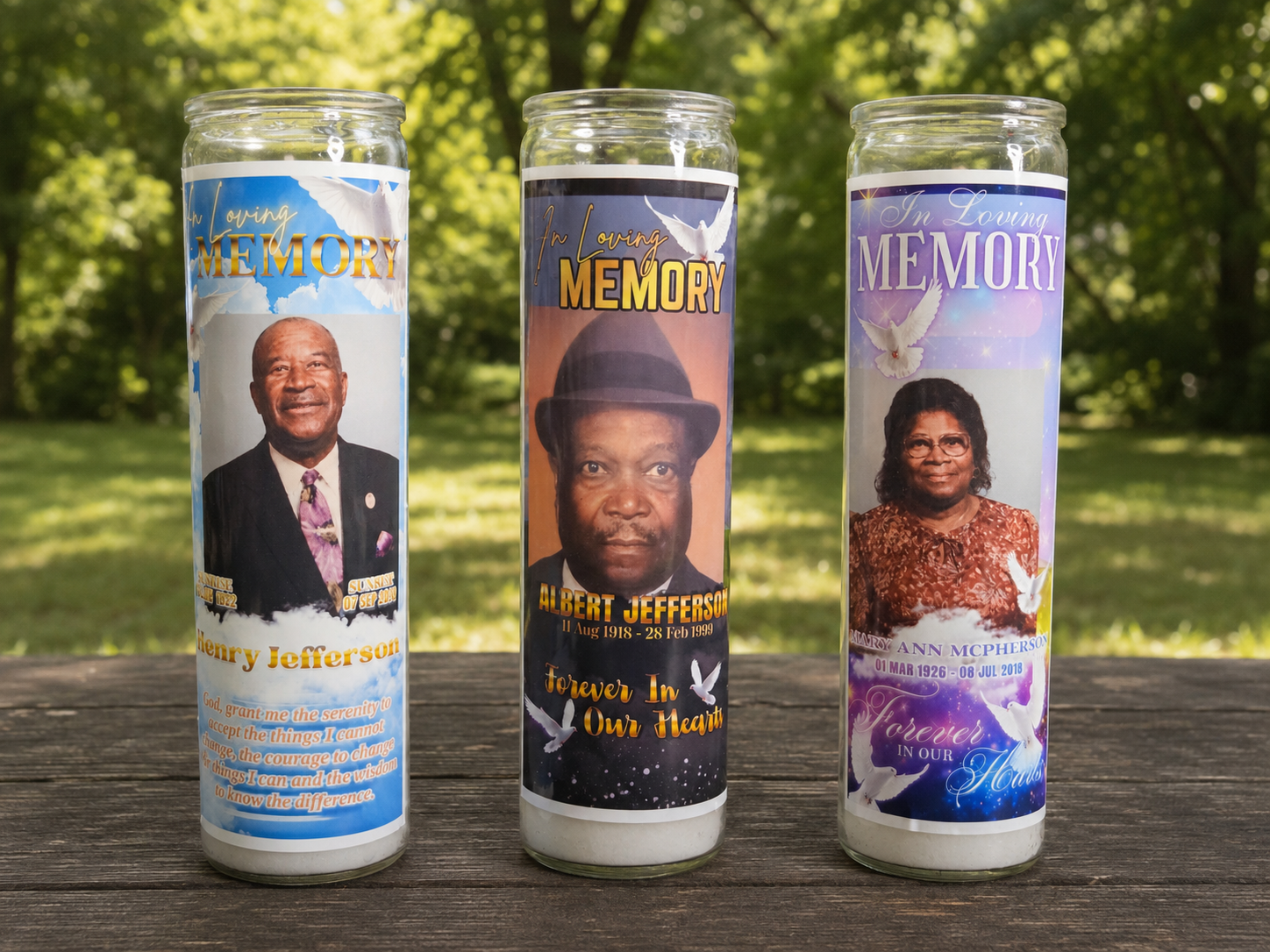 Three personalized In Loving Memory prayer candles