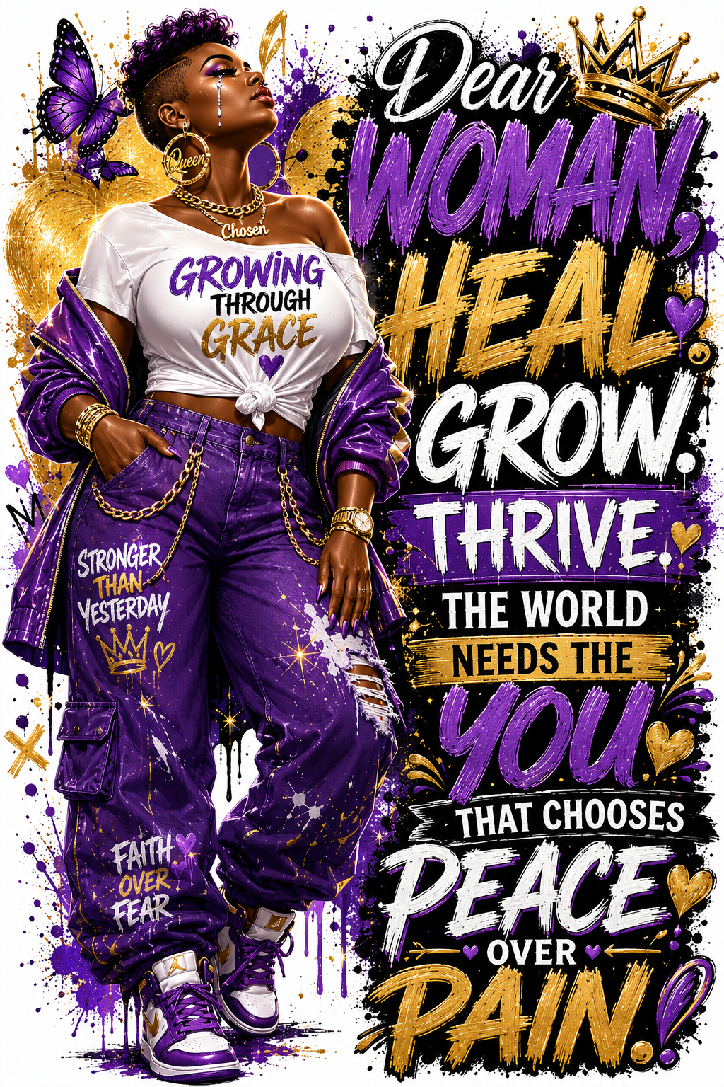 Dear Woman Heal Grow Thrive purple cargo design