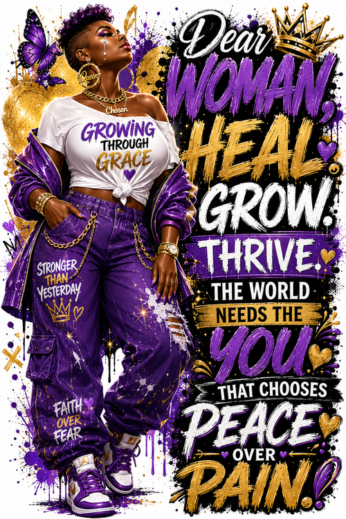 Dear Woman Heal Grow Thrive purple cargo design