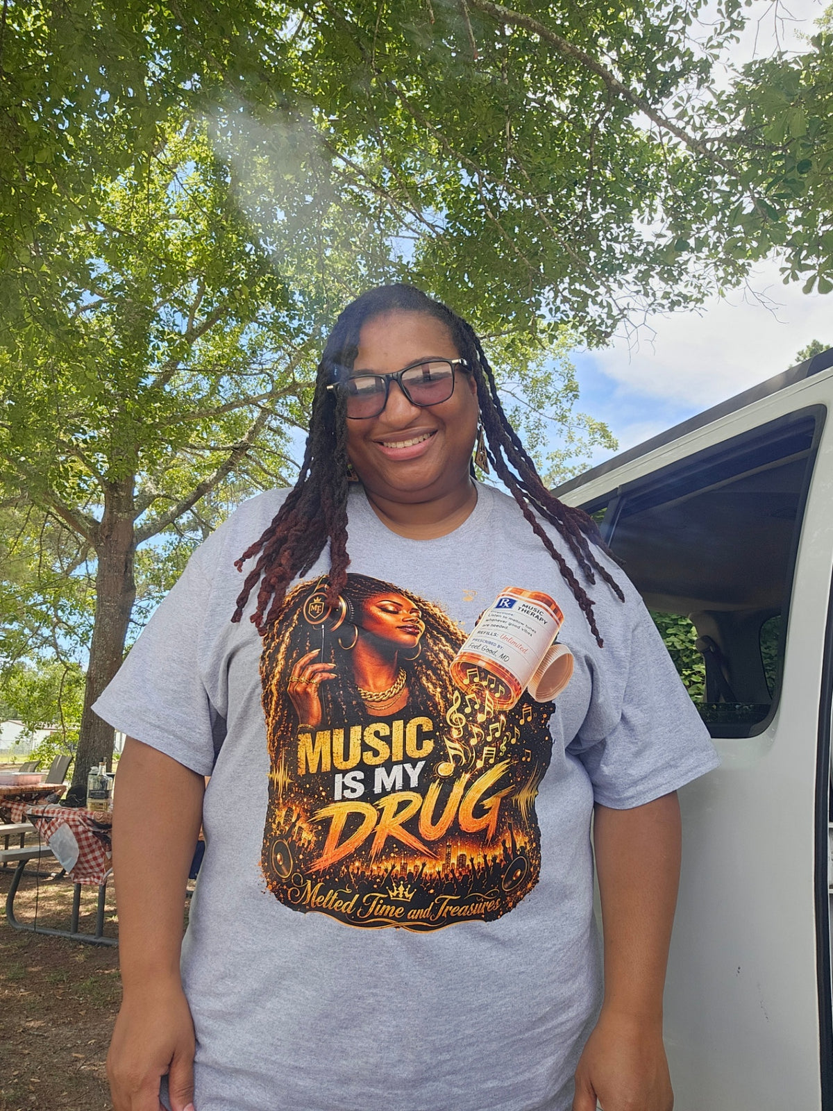 Music Is My Drug tee — worn lifestyle shot
